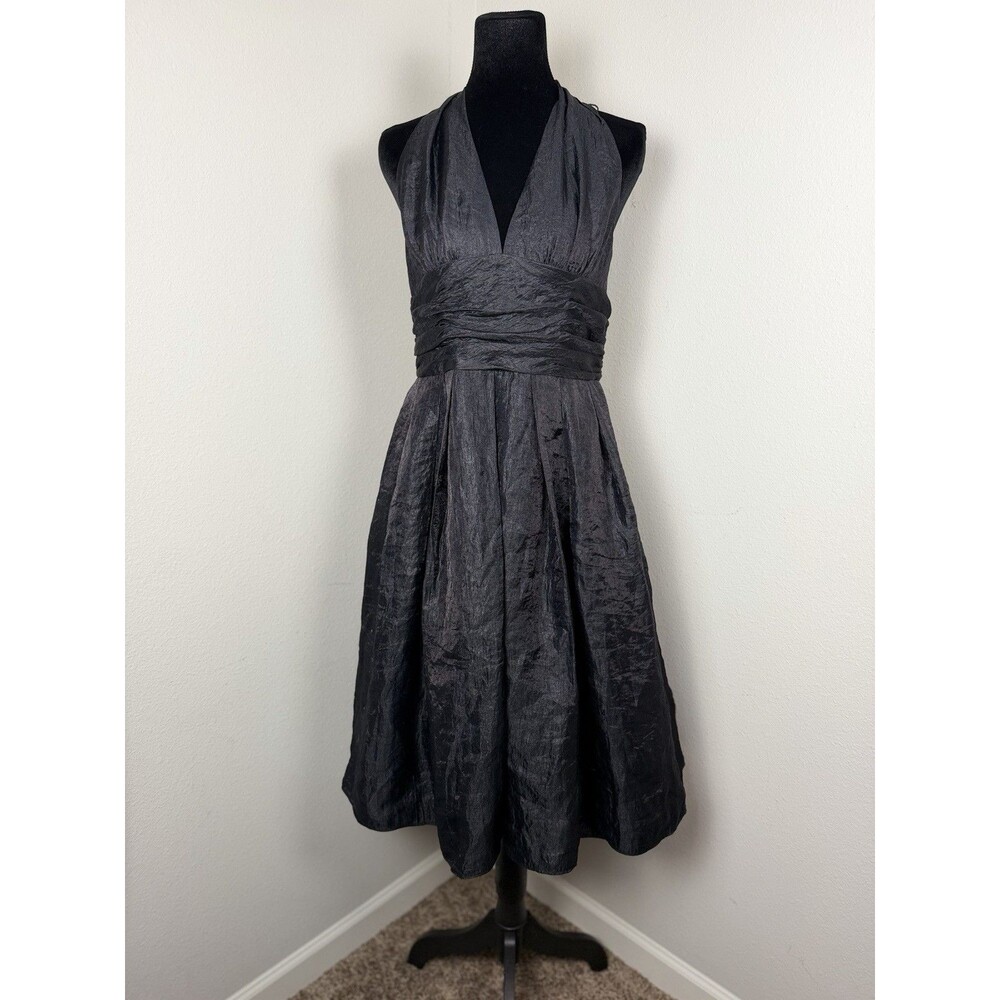 Adrianna Papell Black Halter Cocktail Dress Size 12 Pleated Satin Fit & Flare - Picture 1 of 13